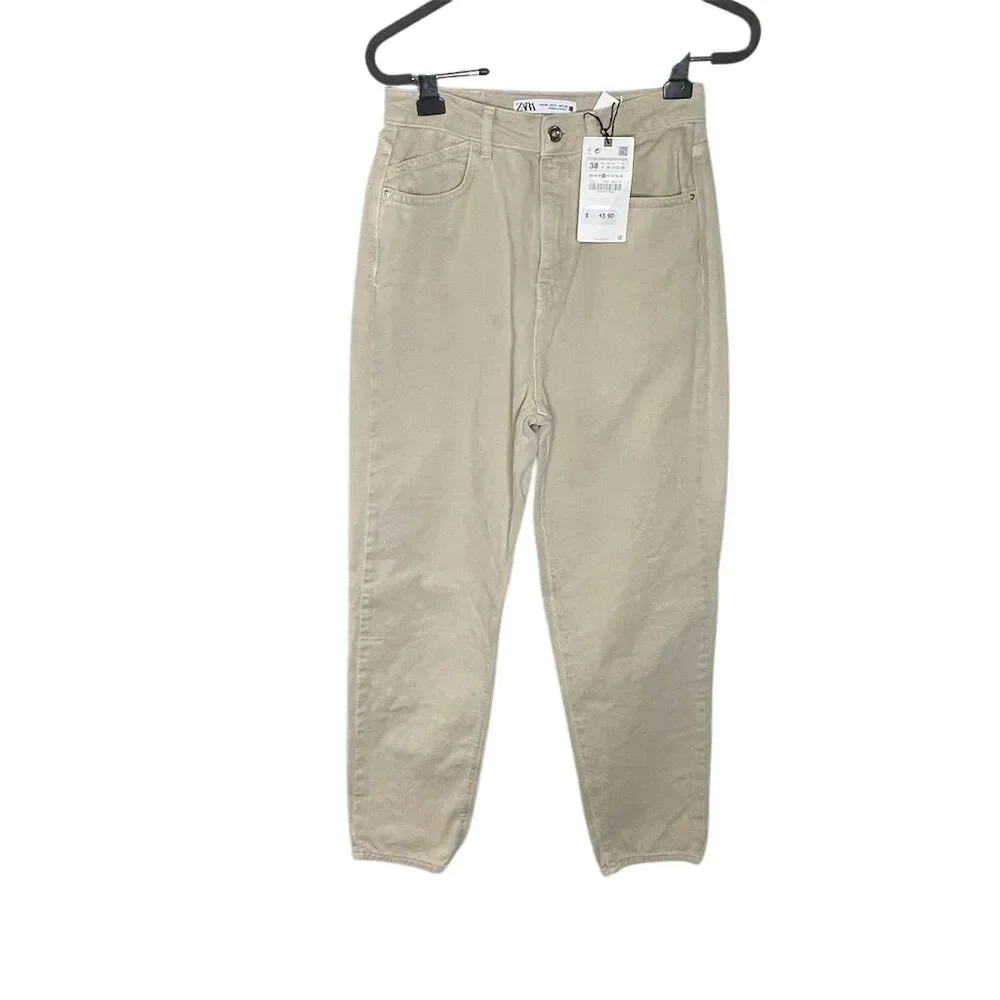 Zara Women's High Rise Ankle Jeans Size 6 Tan Relaxed Fit NWT - Picture 1 of 5